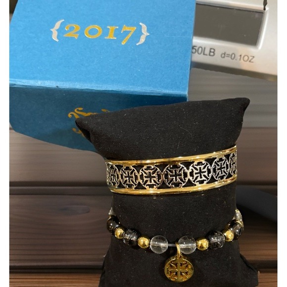 Rustic Cuff Mixed Metal 2 Piece Gold Silver Cuff & Beaded Bracelet Set Wedding - Picture 1 of 11